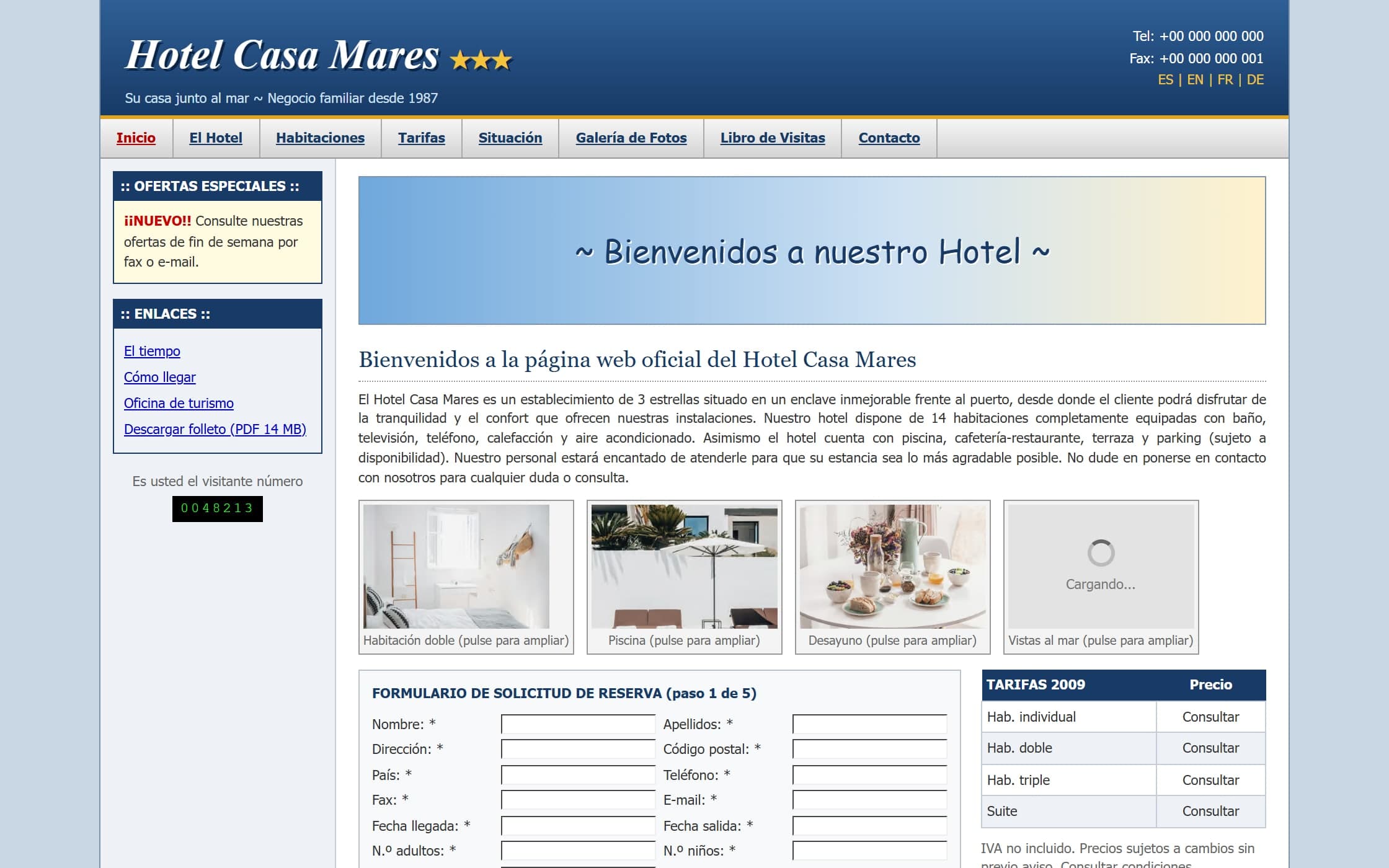 Dated website of a fictional hotel: blue header, 2009 rates and a five-step booking request form