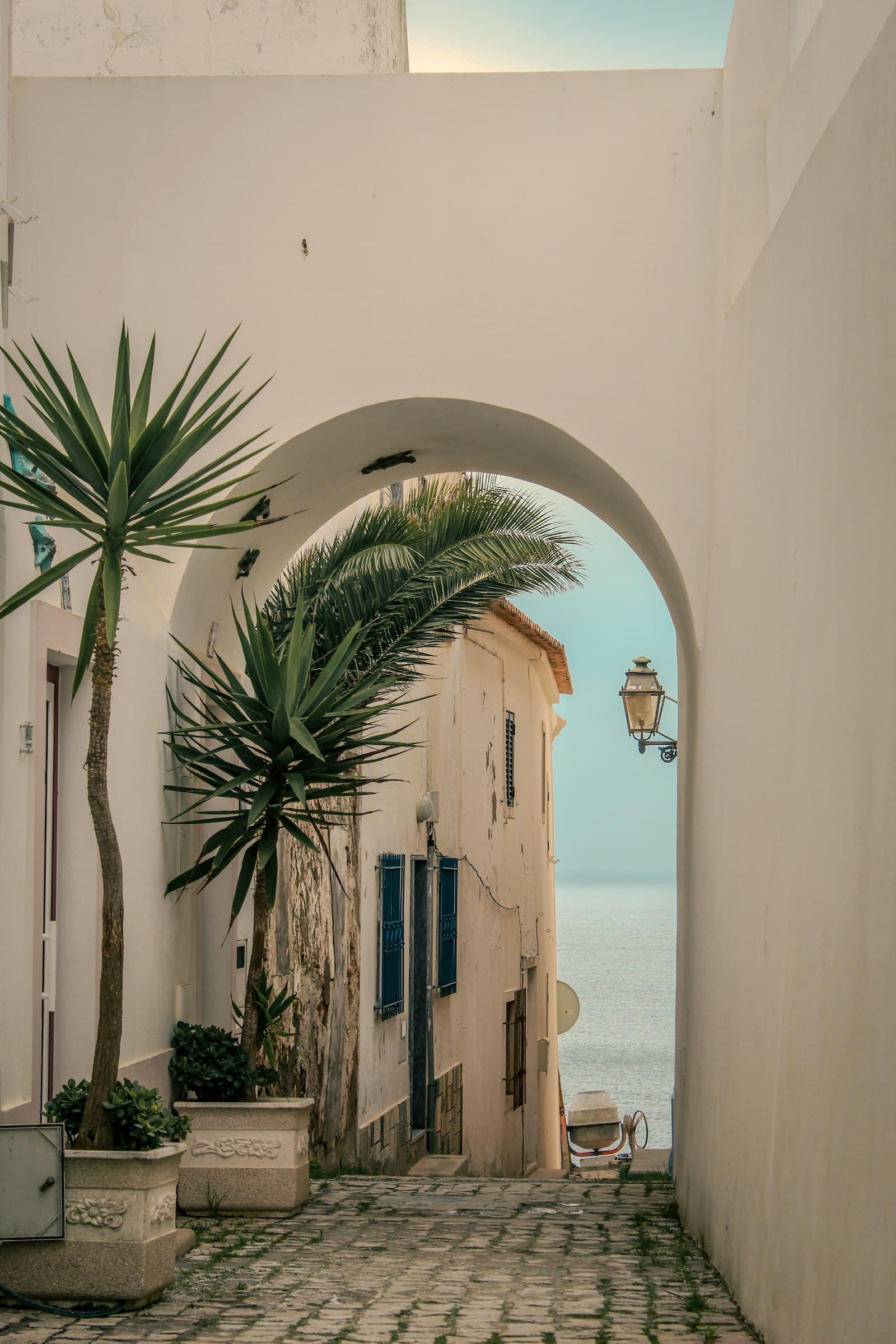 Un arco sobre una calle empedrada con una palmera y el mar asomando al fondo