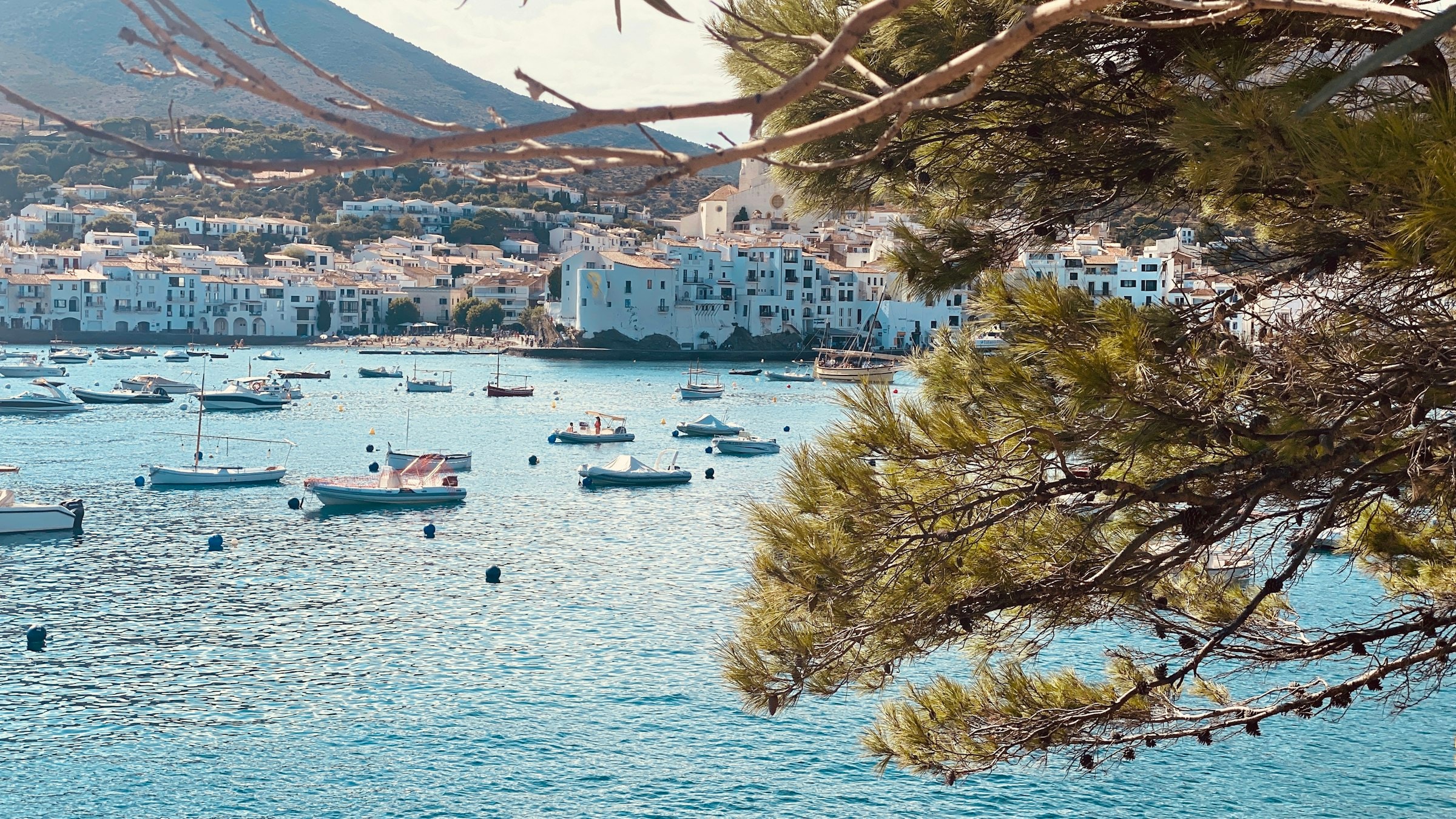 El pueblo blanco y las barcas de pesca de Port d'Aurell, vistos desde el otro lado de la bahía entre ramas de pino