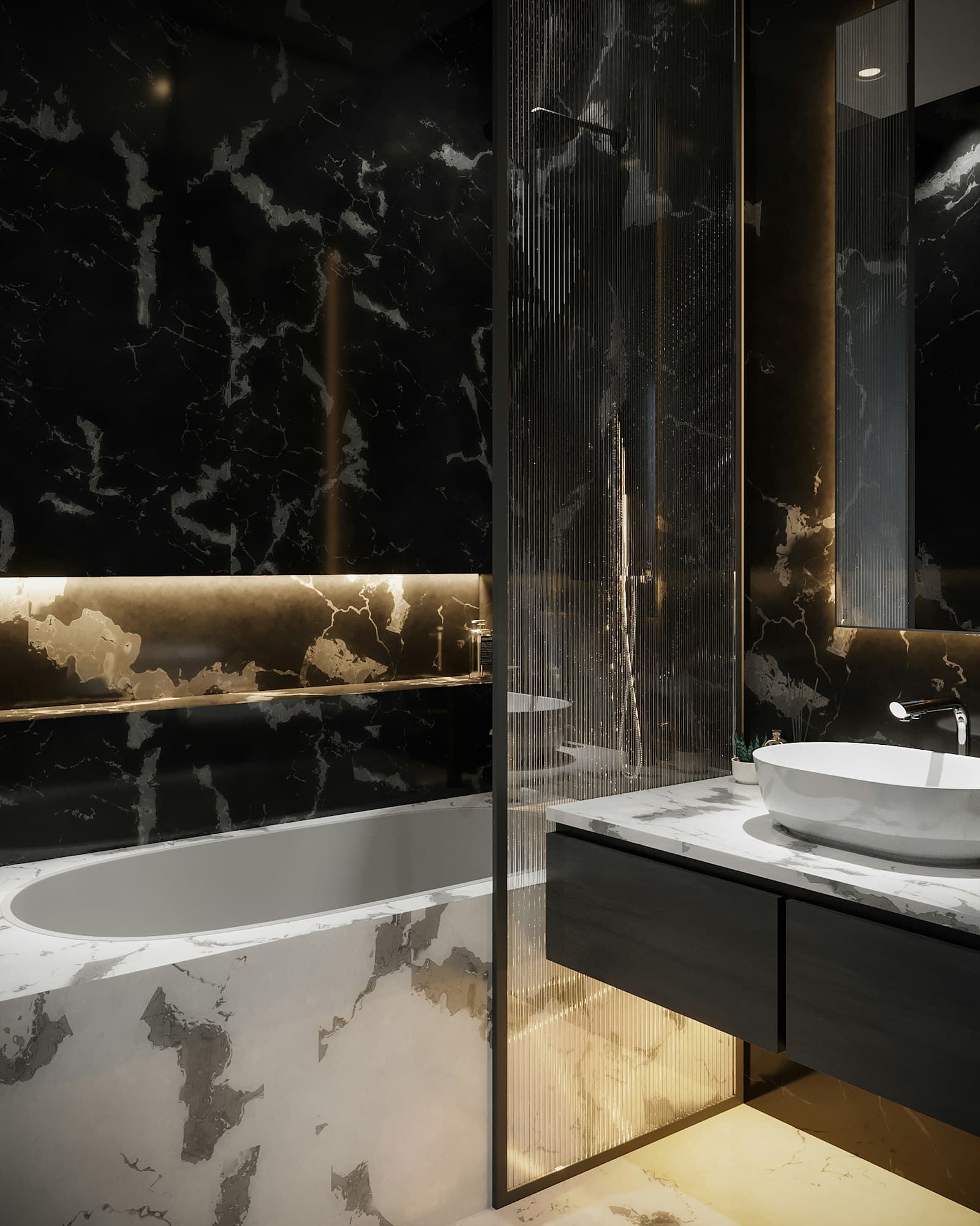 Baño de mármol negro Marquina con una repisa retroiluminada, una bañera de mármol blanco y un lavabo de piedra tras una mampara de cristal