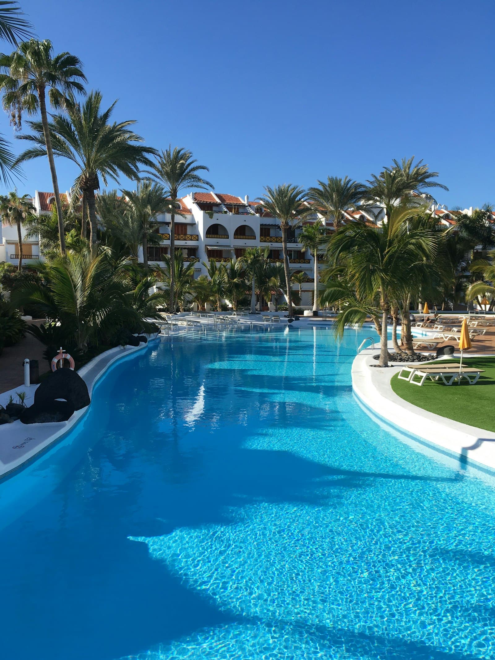 La piscina laguna curvándose entre palmeras altas y edificios blancos de poca altura, bajo un cielo despejado